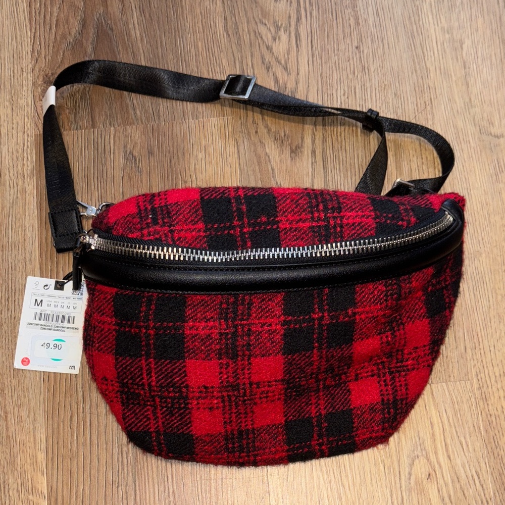 Zara Red and Black Checkered Crossbody Bag